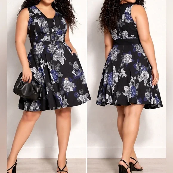 City Chic Epic Floral Black Blue Belted Fit & Flare Belted Dress - Picture 1 of 11